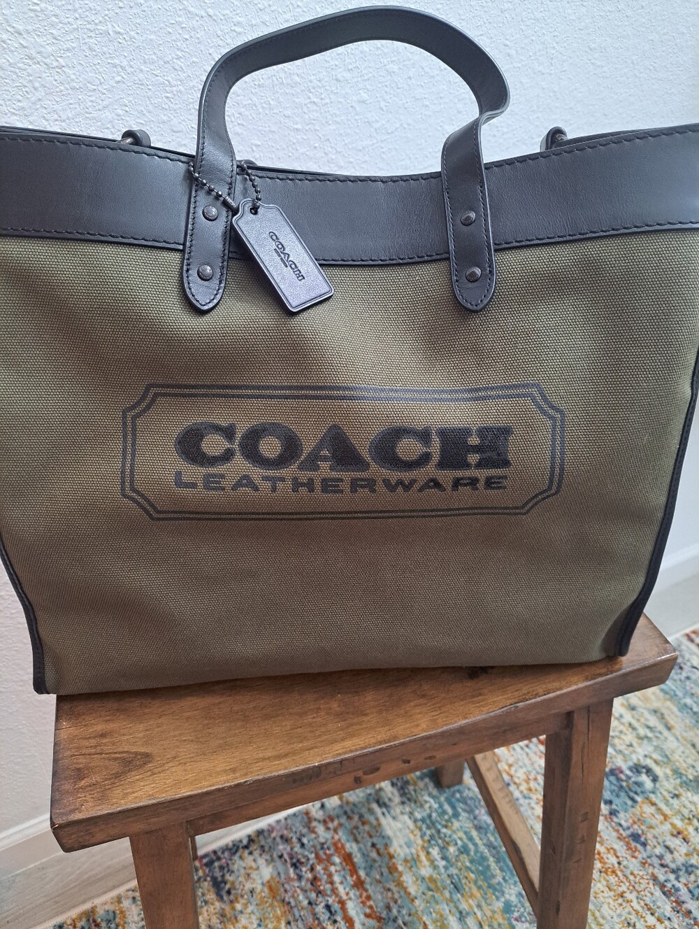 Coach Olive Green Canvas Tote with Black Leather Trim